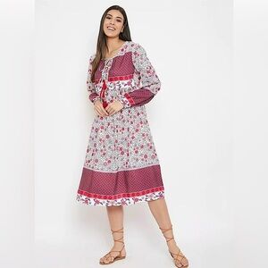 Gypsy Blu Boho Mixed Print Tassels Puff Sleeve Floral Midi Dress Size 3X NEW